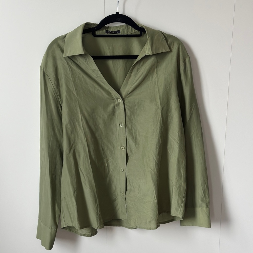 Olive Green Button-Up Blouse (Cotton & Silk)